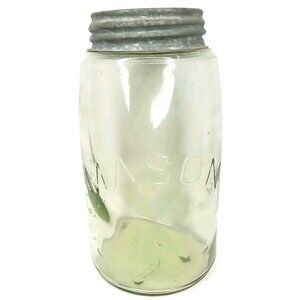 Antique Canning Jar With Zinc Porcelain Lid Ball Mason One Quart Green 1910s